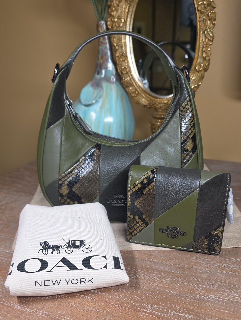 Coach Olive Green Patchwork Leather Crossbody Hobo Bag w/ Wallet SET! NWT!